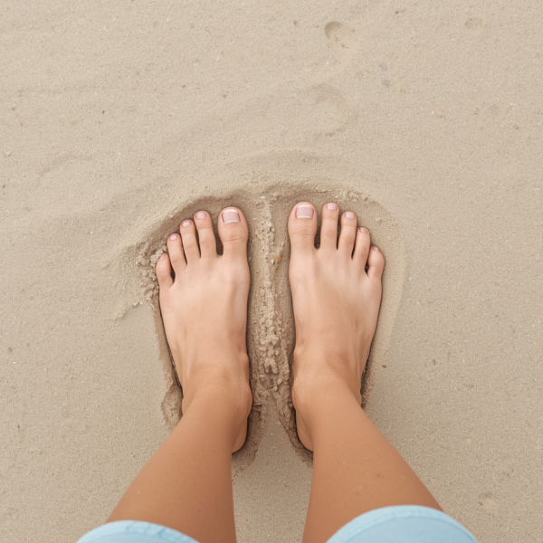 person's feet on the beach Health feet on the beach Clean, natural beach setting with sand Minimalist and relaxed aesthetic with natural lighting