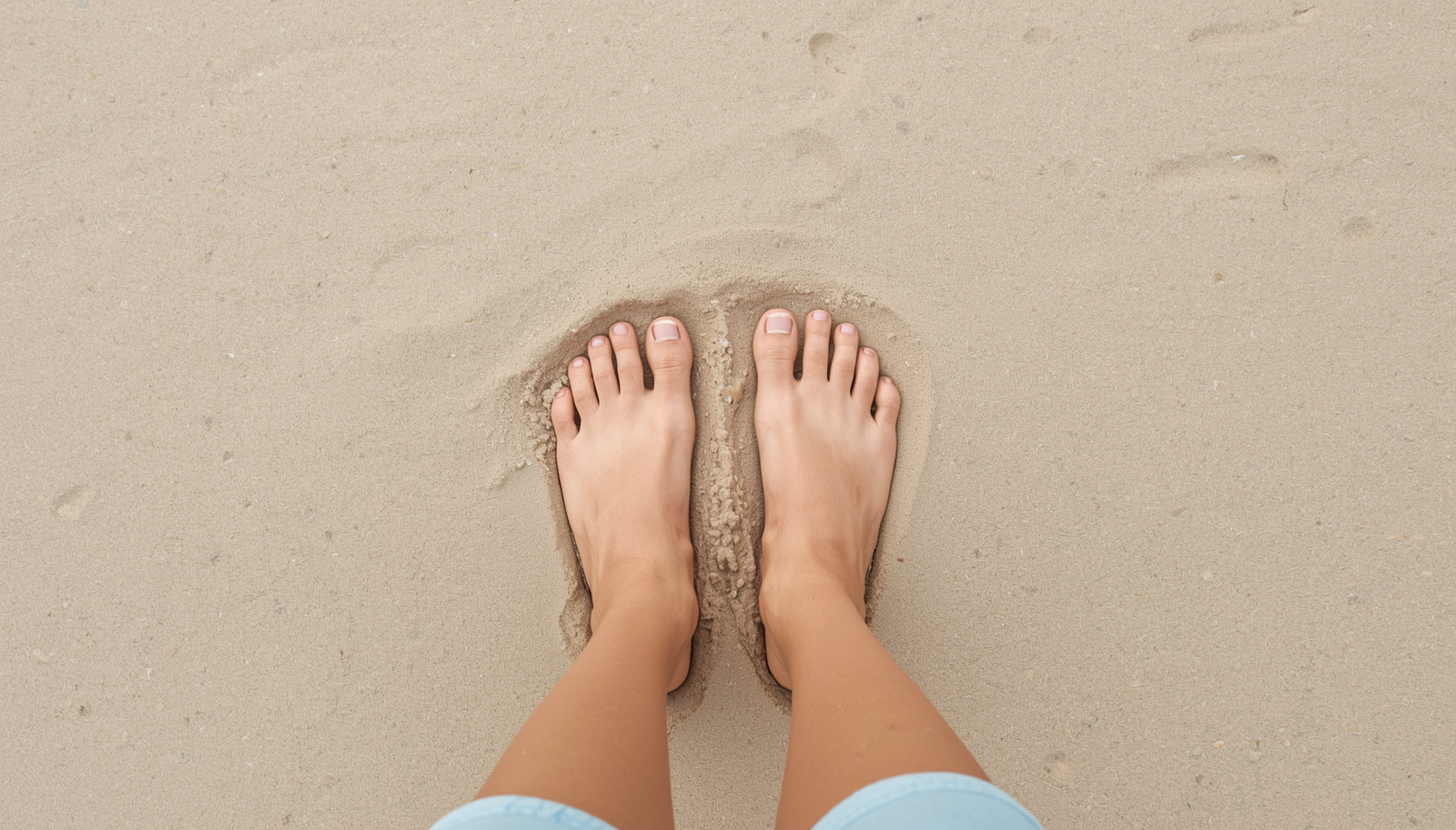 Health feet on the beach Clean, natural beach setting with sand Minimalist and relaxed aesthetic with natural lighting