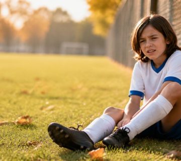 Young soccer player in cleats holding their heel during fall practice on Long Island