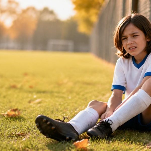 growing pains from sports Young soccer player in cleats holding their heel during fall practice on Long Island