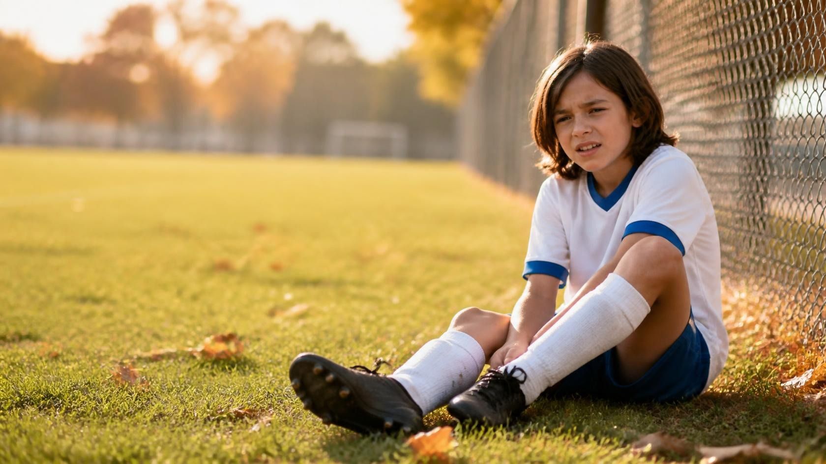 Young soccer player in cleats holding their heel during fall practice on Long Island